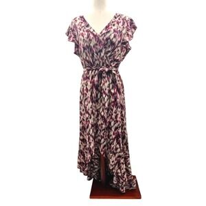Grecerelle Abstract Print Faux Wrap Vneck High Low‎ Boho Dress Purple Multi La…